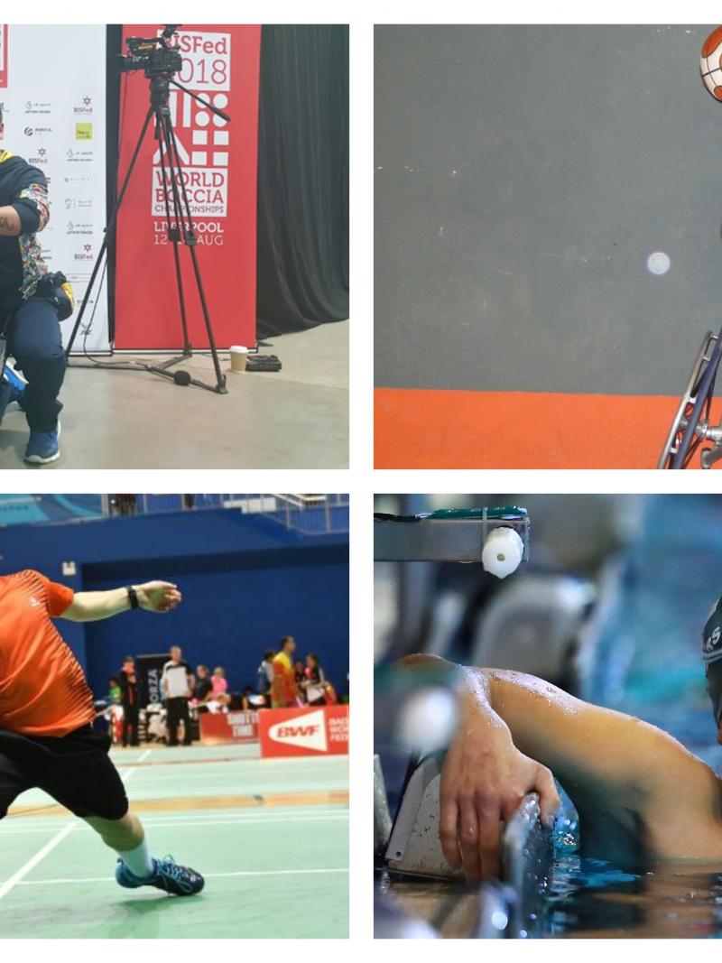 four Para athletes competing in boccia, wheelchair basketball, swimming and badminton