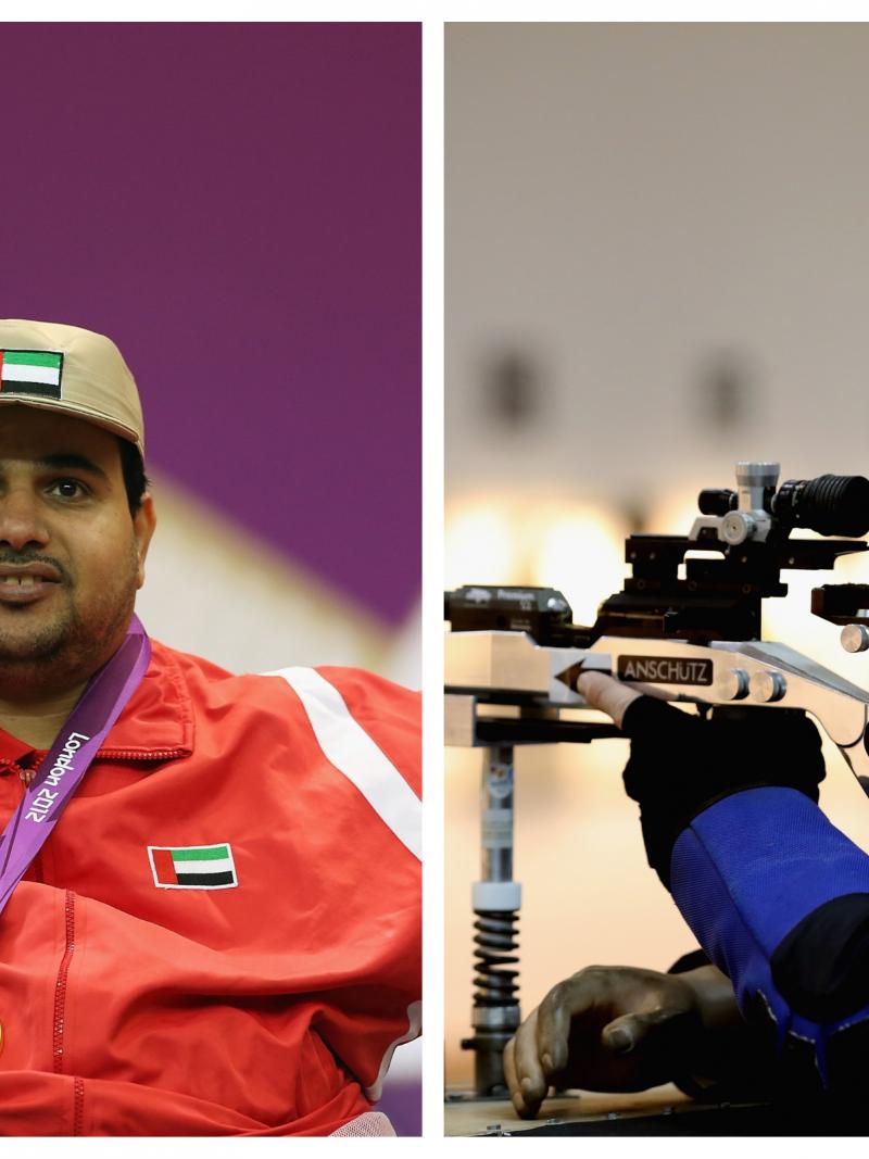 male Para shooters Abdulla Sultan Alaryani and Vasyl Kovalchuk take aim