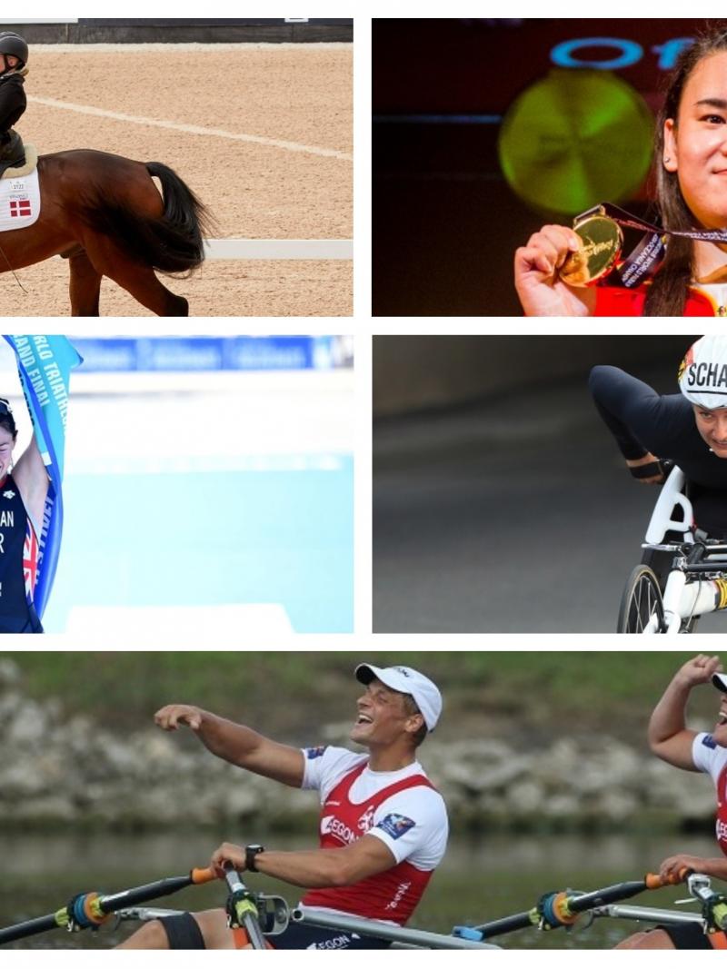 Picture collage of four female and one male athlete 