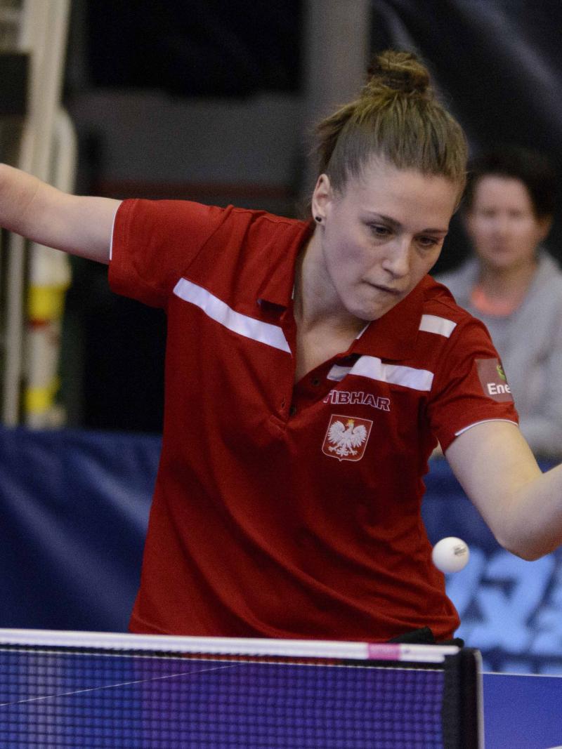 female Para table tennis player Natalia Partyka plays a forehand