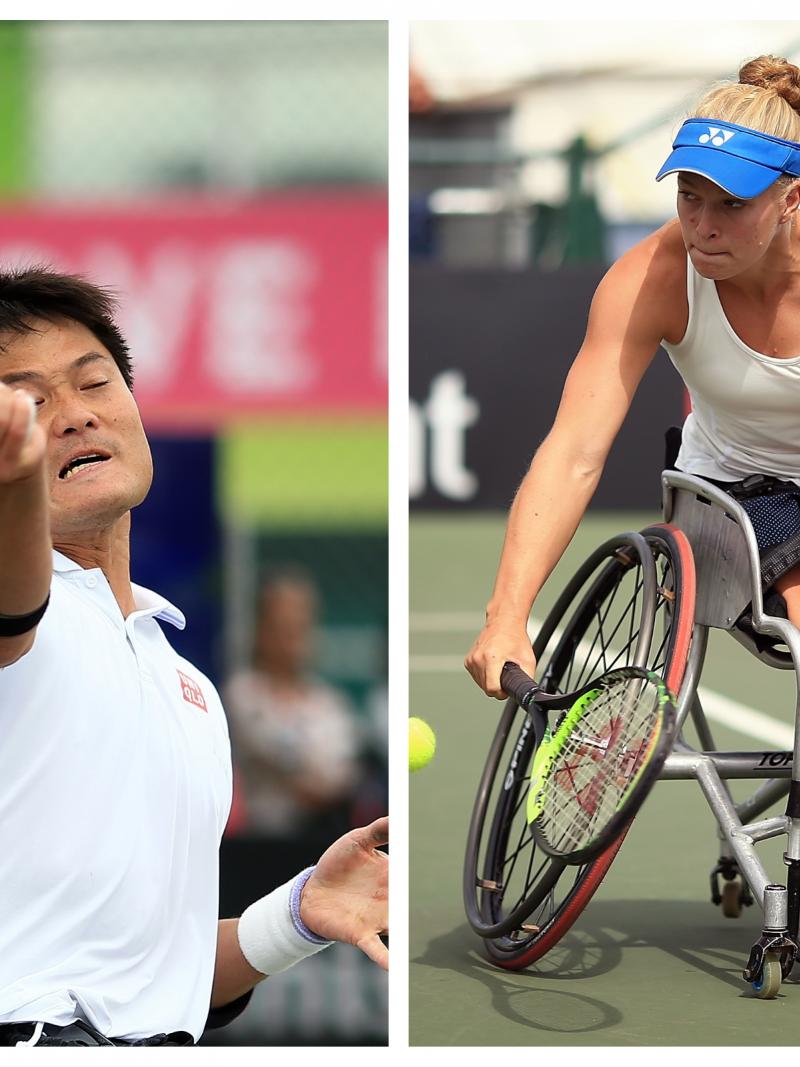 wheelchair tennis players Shingo Kunieda and Diede de Groot playing a forehand and a backhand