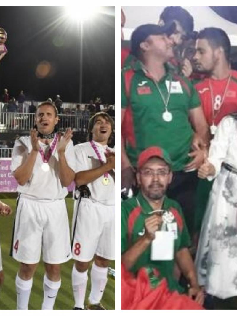 two groups of blind footballers from Russia and Morocco celebrating with a trophy