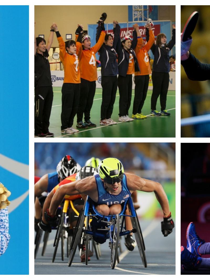 Collage with a swimmer, powerlifter, goalball team, wheelchair racer and table tennis player