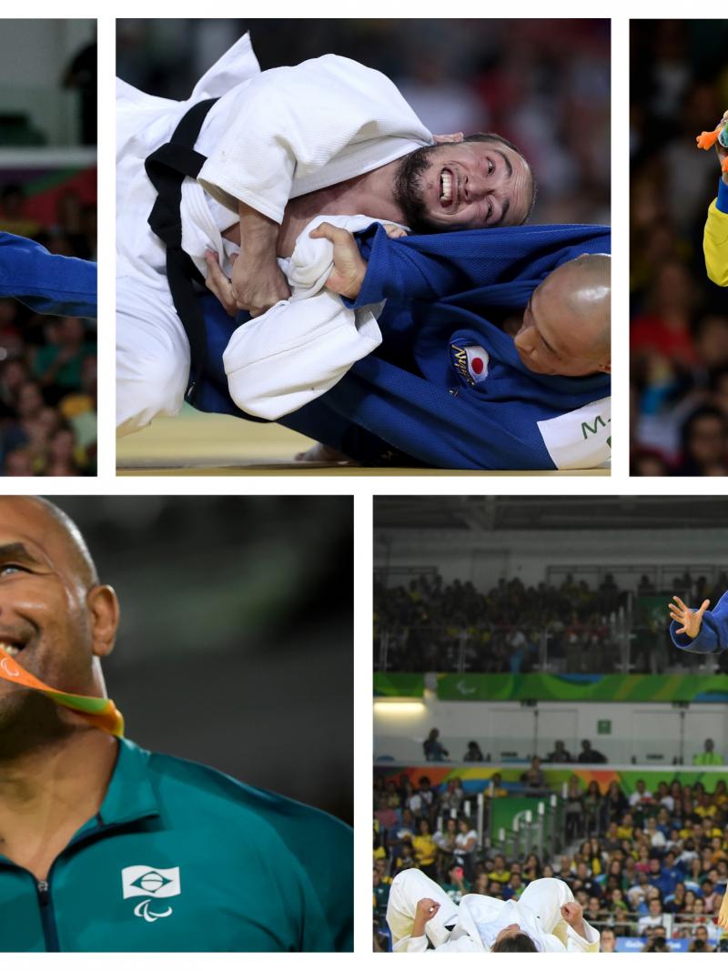 five judokas competing on the mat