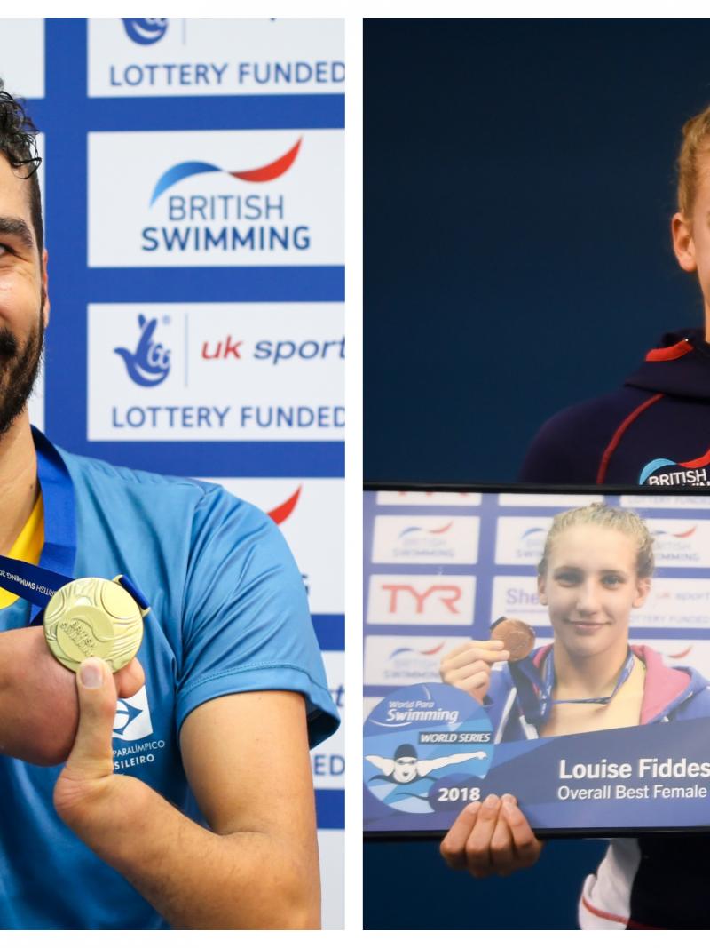 male Para swimmer Daniel Dias holding a gold medal and female Para swimmer Louise Fiddes holding a trophy