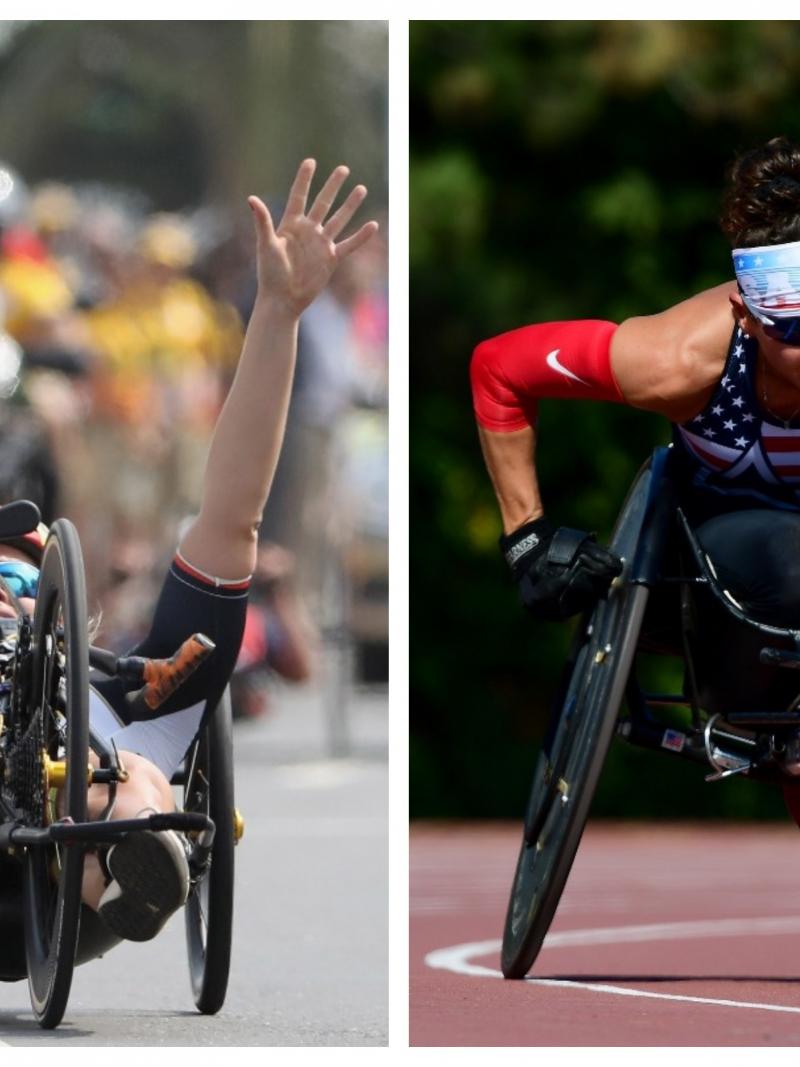 female Para triathletes Christiane Reppe and Kelly Elmlinger racing in a hand-cycle and a wheelchair