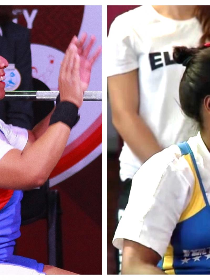 female Para powerlifters Leidy Rodriguez and Clara Fuentes sitting on the bench