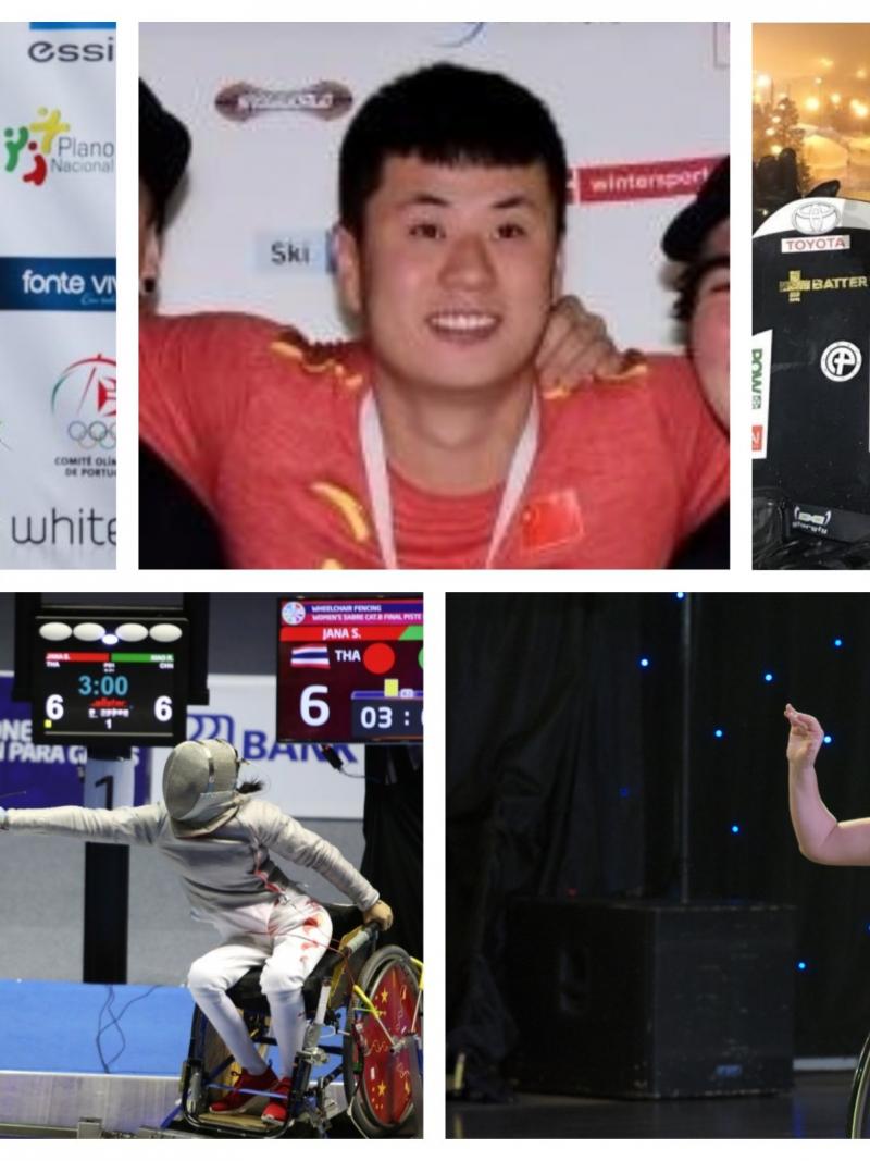 Picture collage of two snowboarders, a Para dancer, wheelchai fencer and judoka 