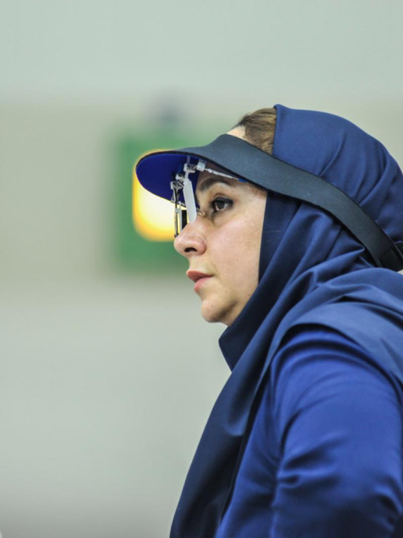 female Para shooter Sareh Javanmardi looks to the side