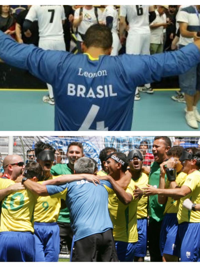 a group of male Brazilian blind footballers and goalball players celebrating wins