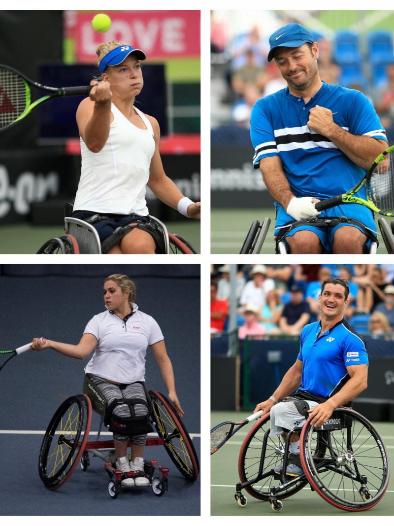 eight wheelchair tennis players in action on the court