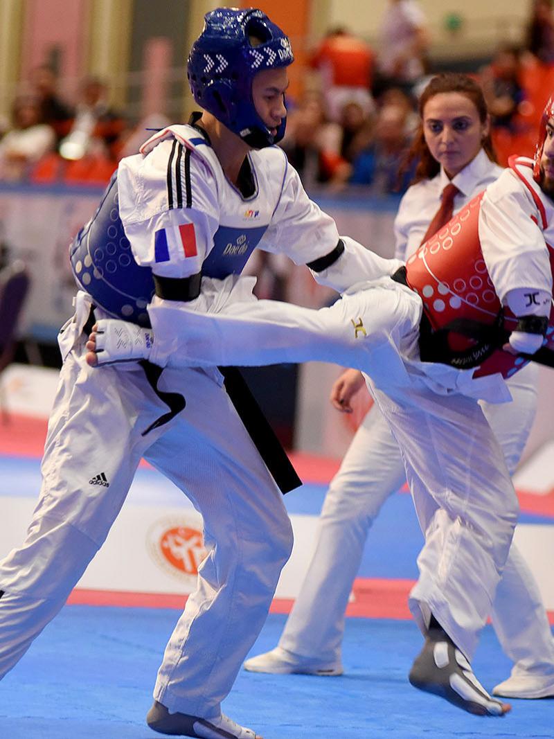 male Para taekwondo fighter Anthony Cappello kicks another fighter in the groin