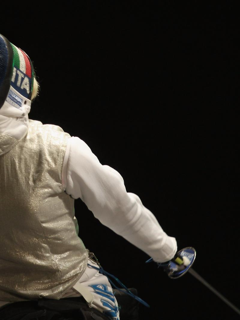 female wheelchair fencer Beatrice Vio screams through her helmet after winning a point