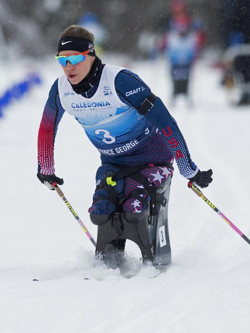 female Para Nordic skier Oksana Masters skis on the course