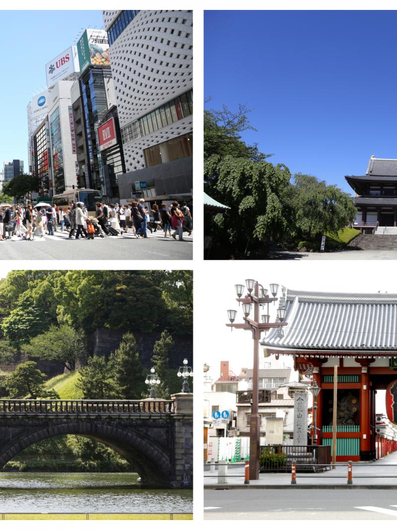 landmarks in Tokyo, including the Tokyo Tower and Imperial Palace