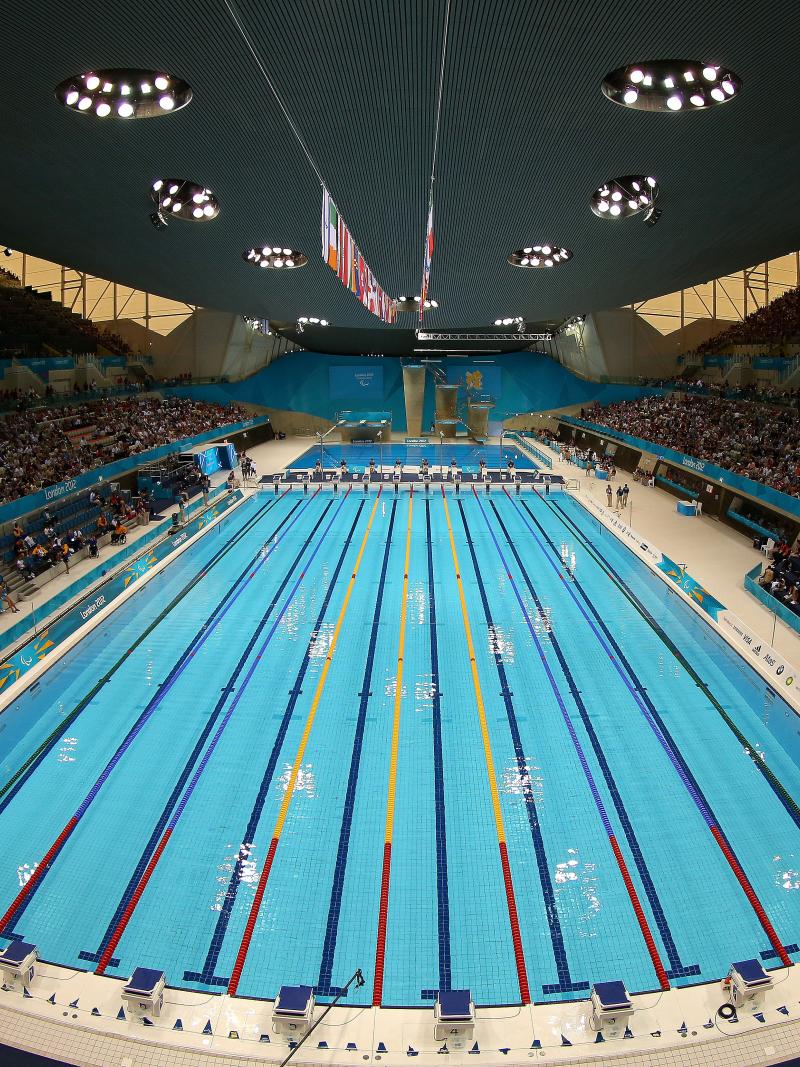 a high wide shot of the swimming pool at the London 2012 Aquatic Centre
