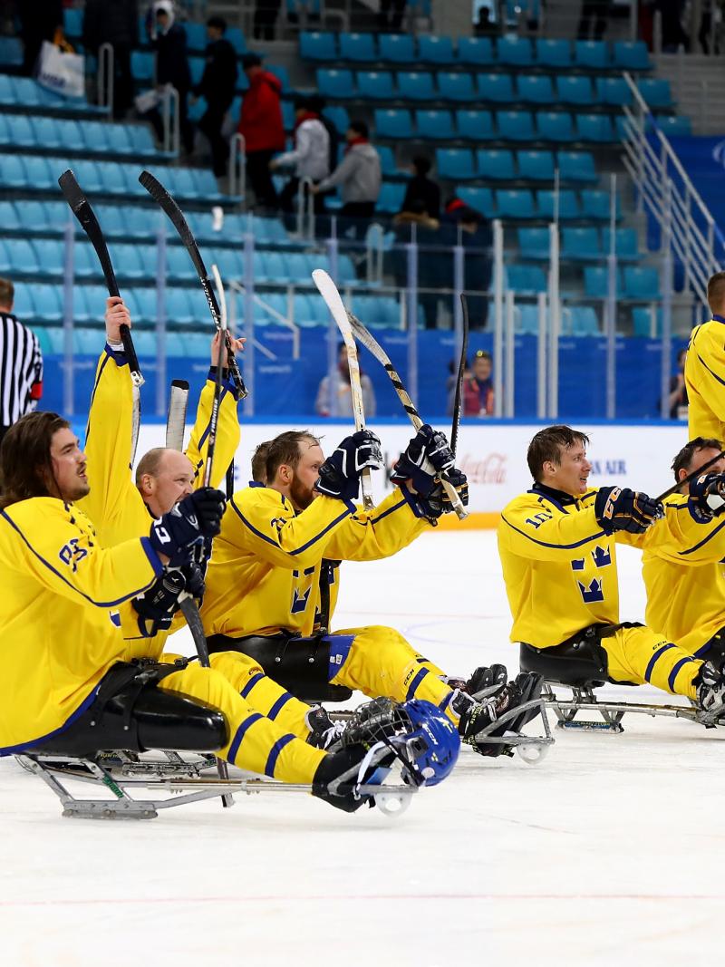 the Sweden Para ice hockey team raise their sticks in celebration on the ice