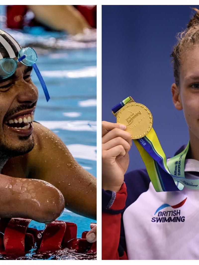 male Para swimmer Daniel Dias laughs in the pool and female Para swimmer Louise Fiddes holds up a gold medal