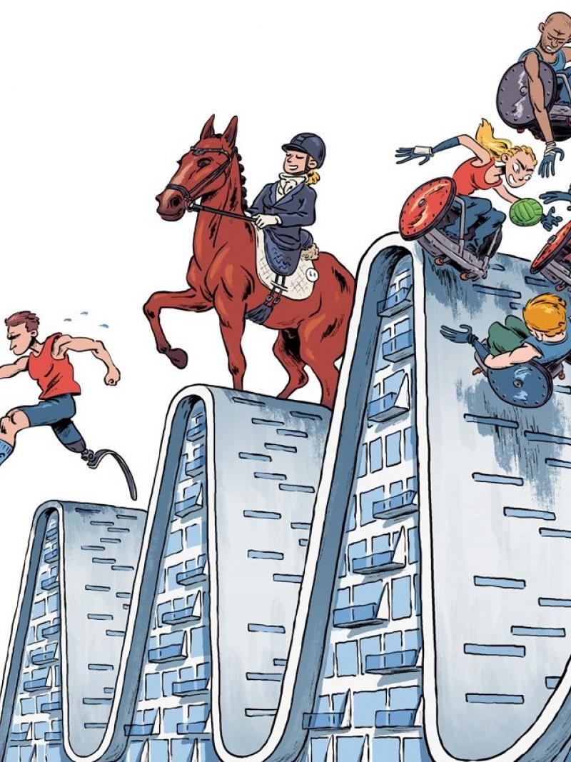 An illustration of an amputee runner, Para dressage rider on a horse and wheelchair rugby players