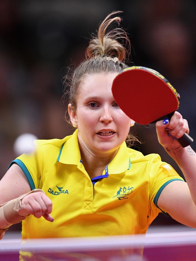 female Para table tennis player Melissa Tapper plays a forehand