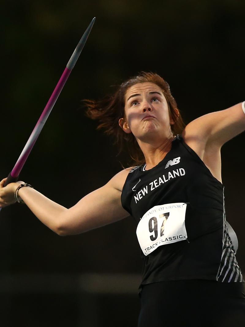 New Zealand's athlete Holly Robinson throwing a javelin during a competition