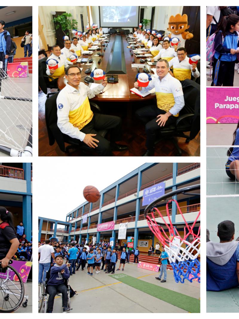 Four photos in a collage showing shoolchildren trying Para sports and one of Peruvian President and his Cabinet of Ministers wearing Lima 2019 gear
