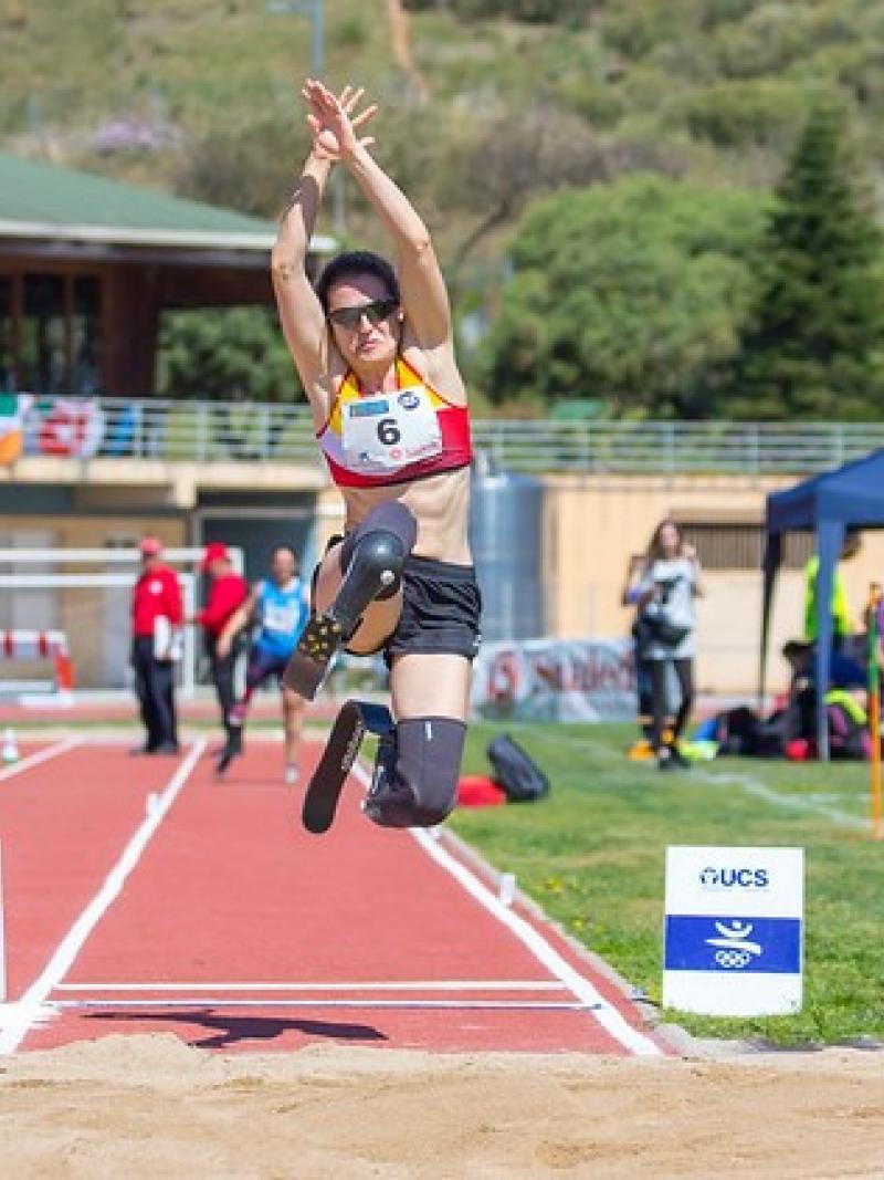 Spaniard long jumper Sara Andres in the air after her jump
