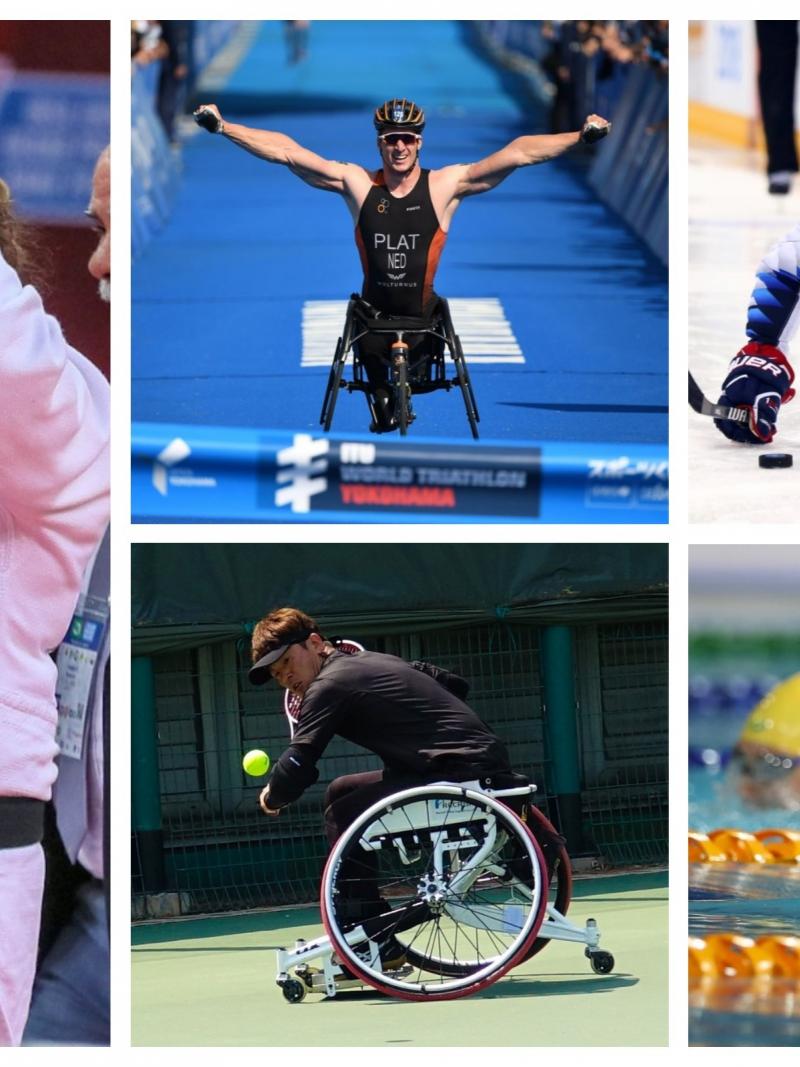 Picture collage of five athletes: swimmer, judoka, wheelchair tennis player, ice hockey player and triathlete