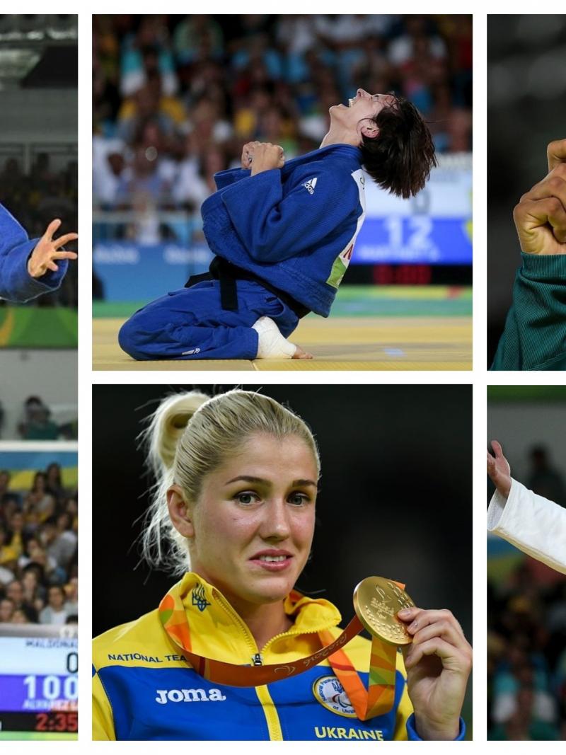 Picture collage of five judoka either with their medals or celerbating