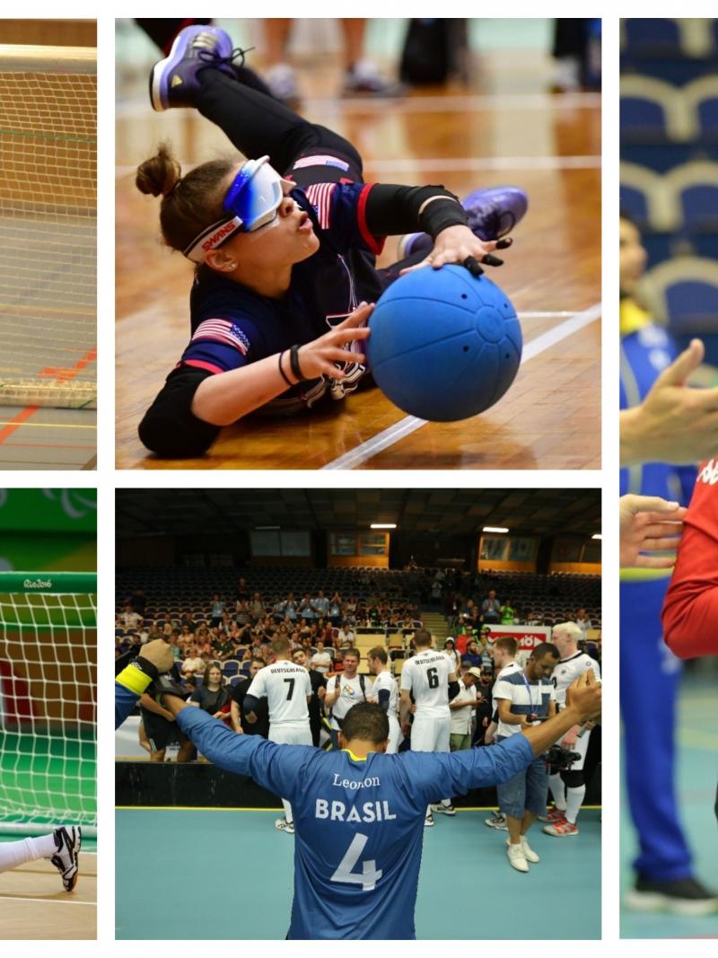 Photo collage of five goalball players
