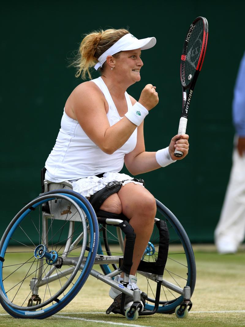 Aniek van Koot celebrates with his close fists after winning Wimbledon