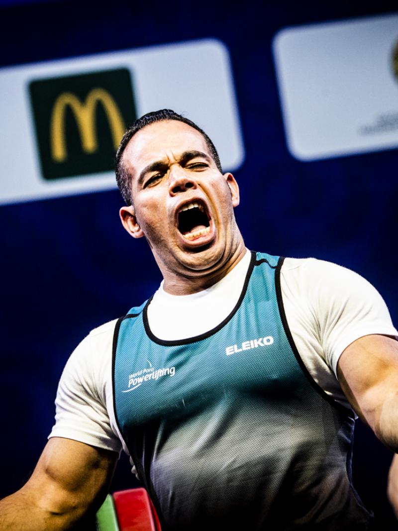 Egyptian powerlifter Sherif Osman screams after winning the world title in Nur-Sultan