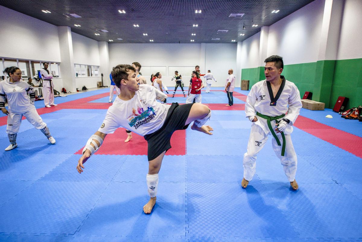 Para taekwondo athletes practice during Agitos Foundation workshop in Sao Paulo