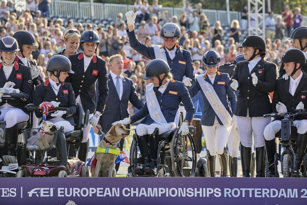 Group photo of Dutch Para dressage team on podium