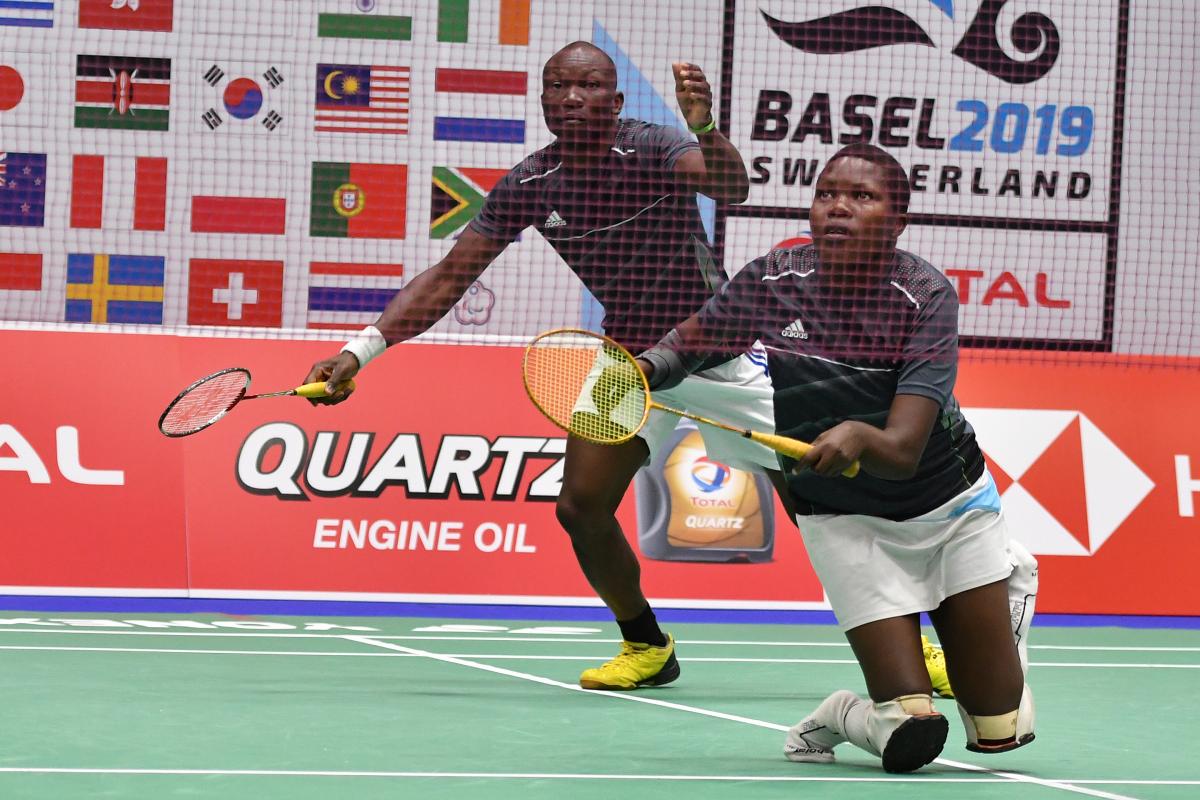 Doubles Ugandan badminton team on the court