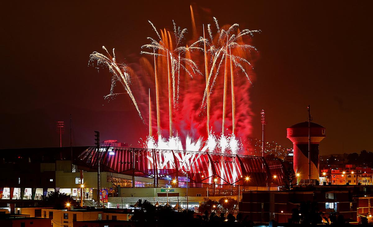 fireworks exploding over a stadium