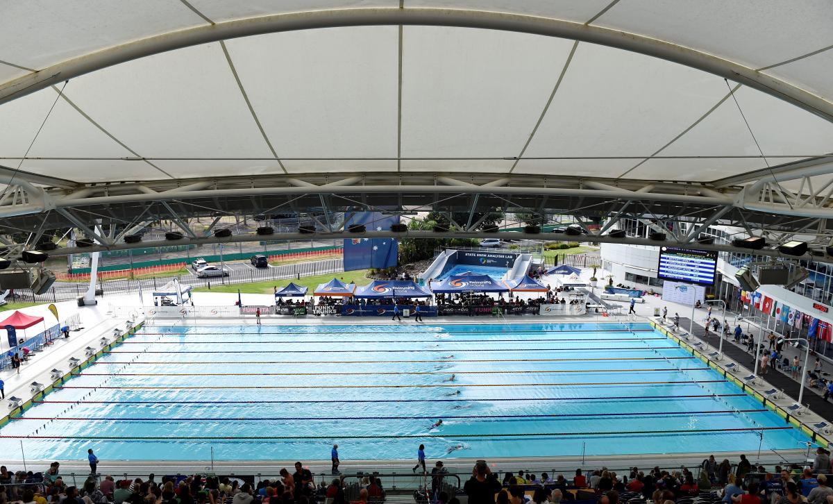A swimming pool during a Para swimming competition