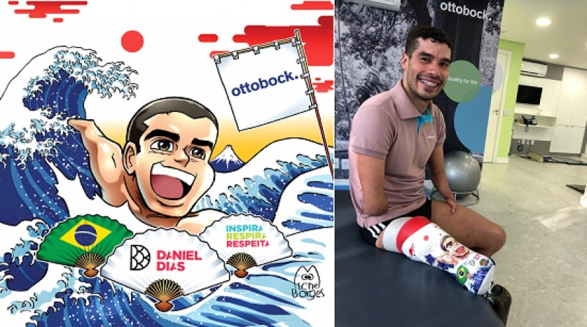 Daniel Dias with his new prosthetic leg and his manga version designed by artist Michel Borges