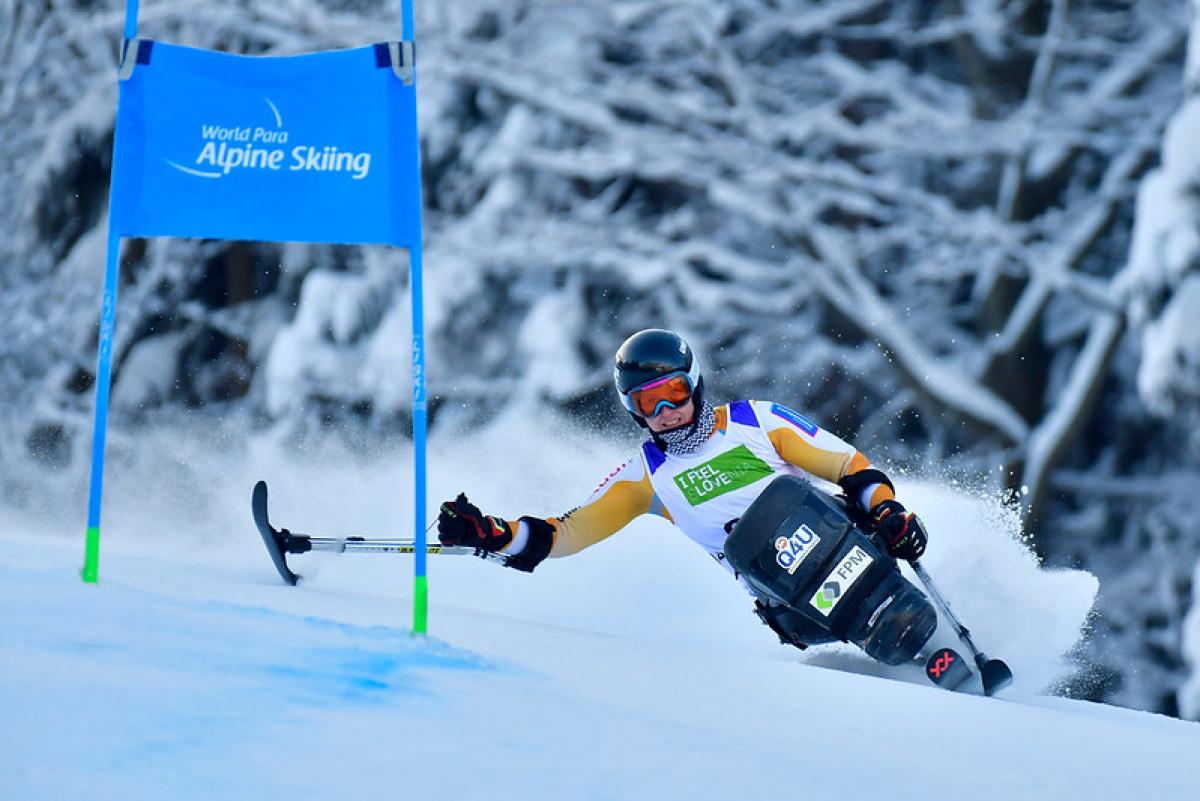 A female sit-skier competing
