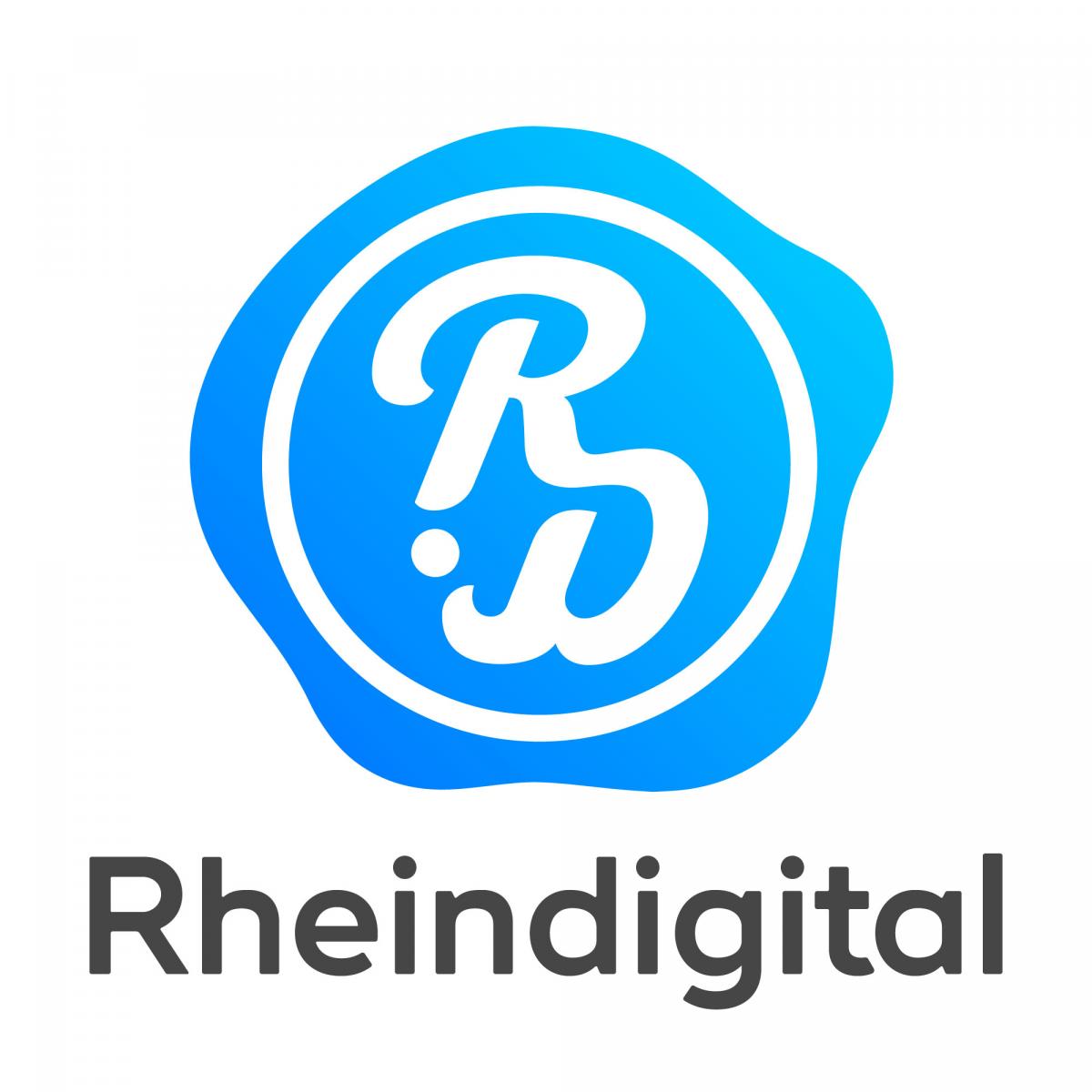 Blue and white logo of agency named Rheindigital