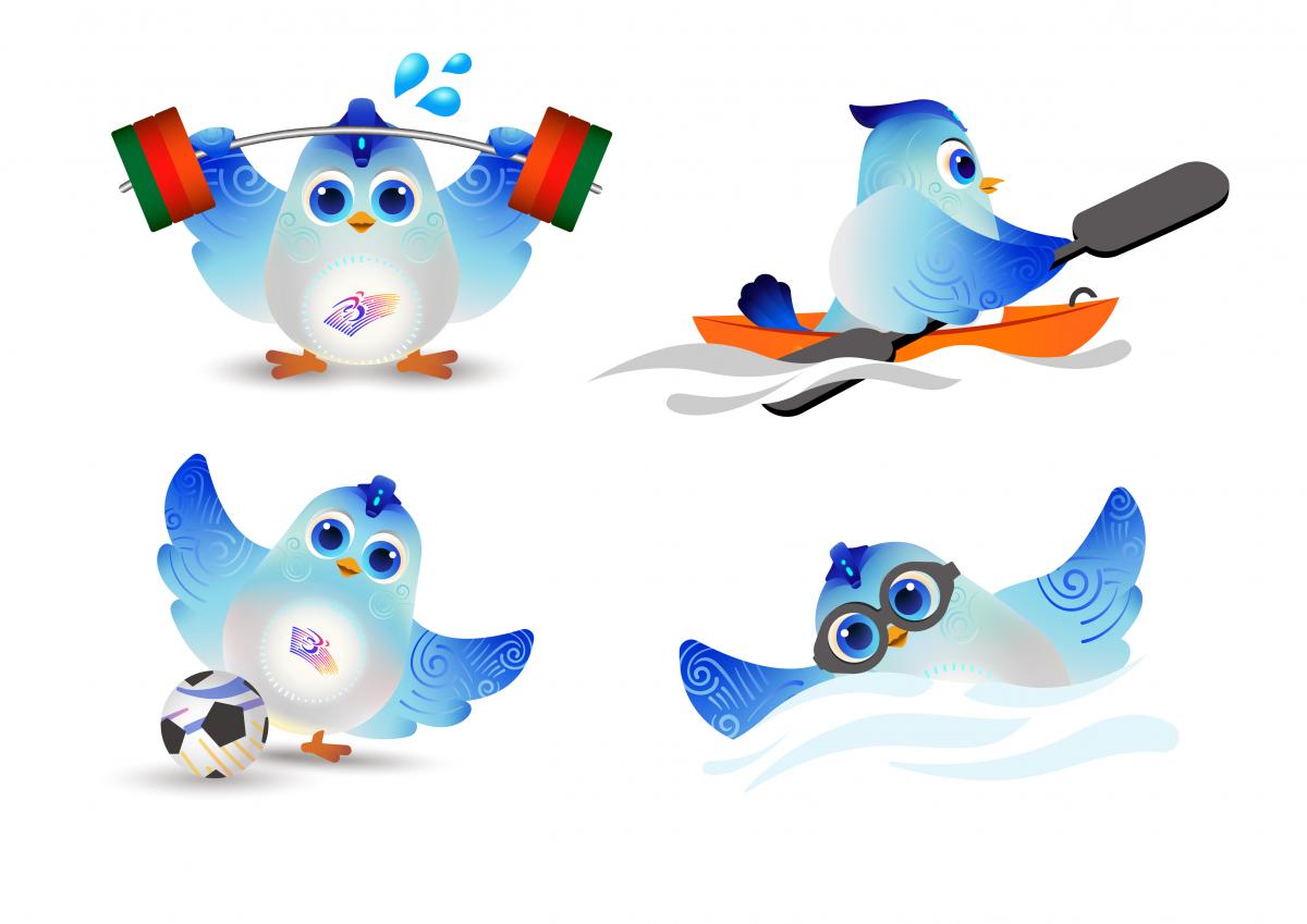 Bird mascot doing four different sports