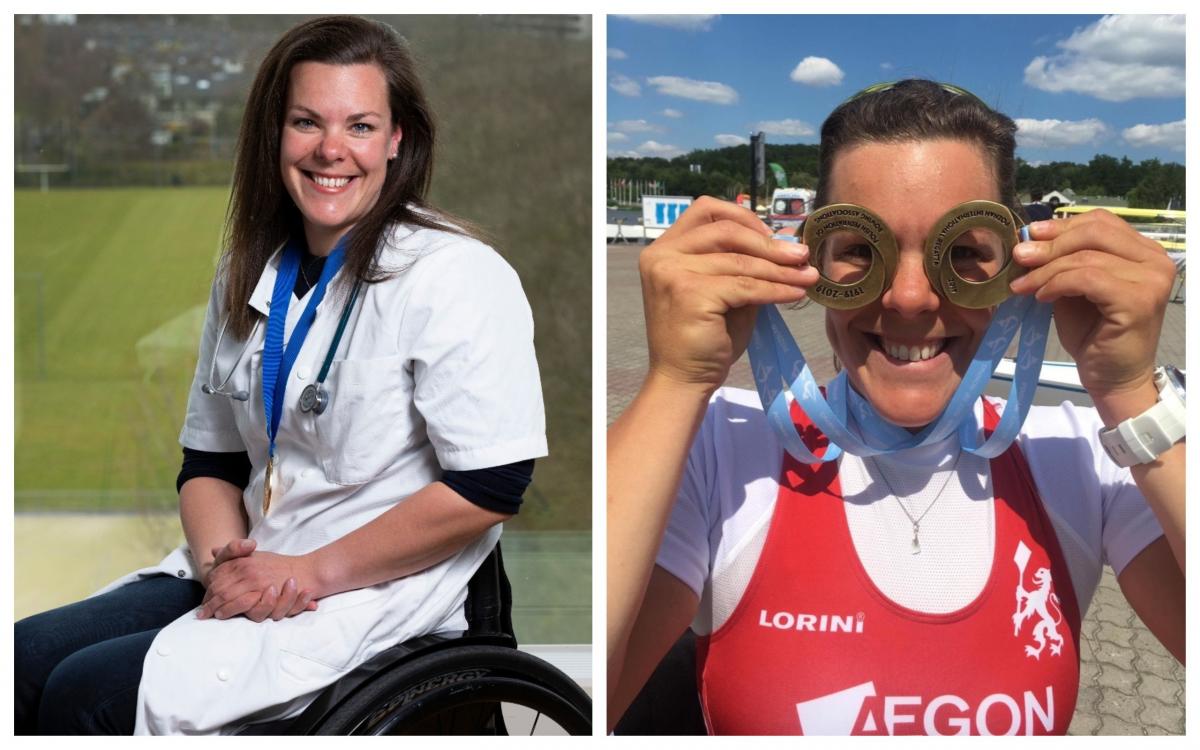 Photo collage of Dutch athlete in doctor uniform and rowing medals