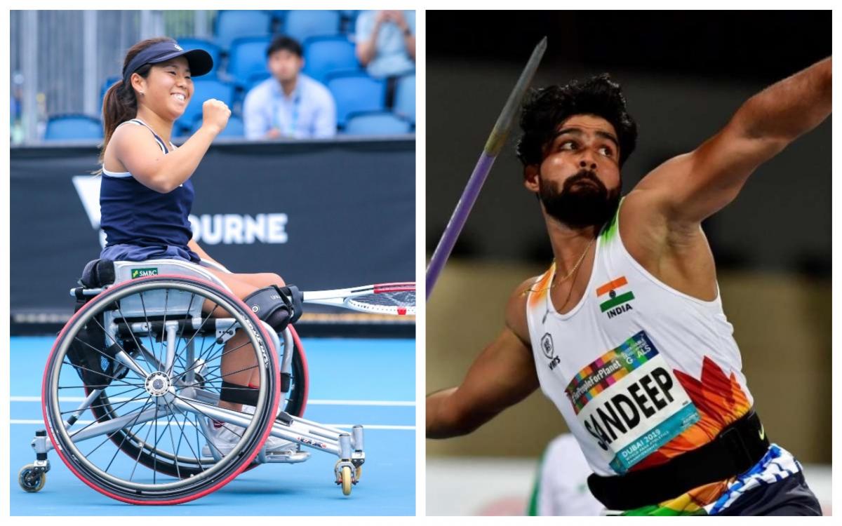 Photo collage of Japanese wheelchair tennis player and Indian javelin thrower
