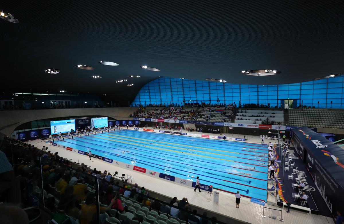 A view of the London Aquatics Centre during a Para swimming competition
