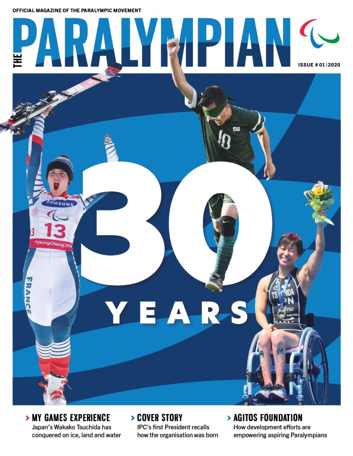 Cover page of IPC magazine with three athletes celebrating around the number 30 to signify IPC's anniversary