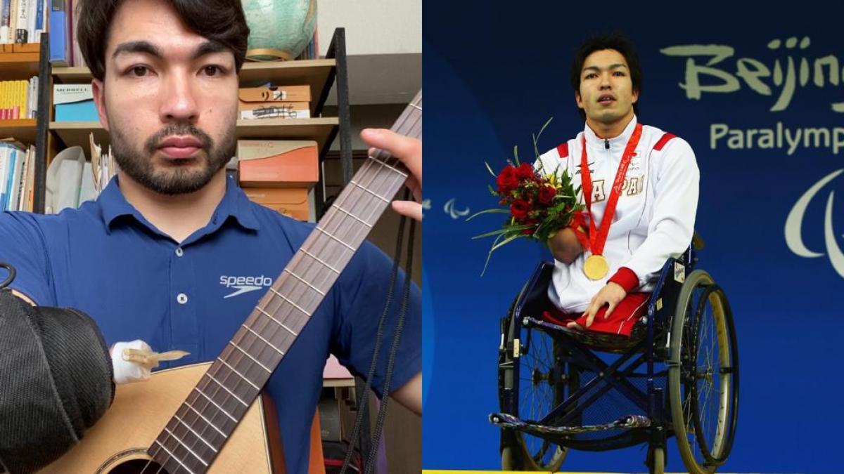 Two pictures of the same person. One with a guitar and the other in a wheelchair with a gold medal
