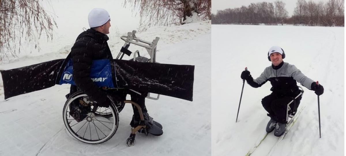 Two pictures of the same man in a wheelchair on the snow 