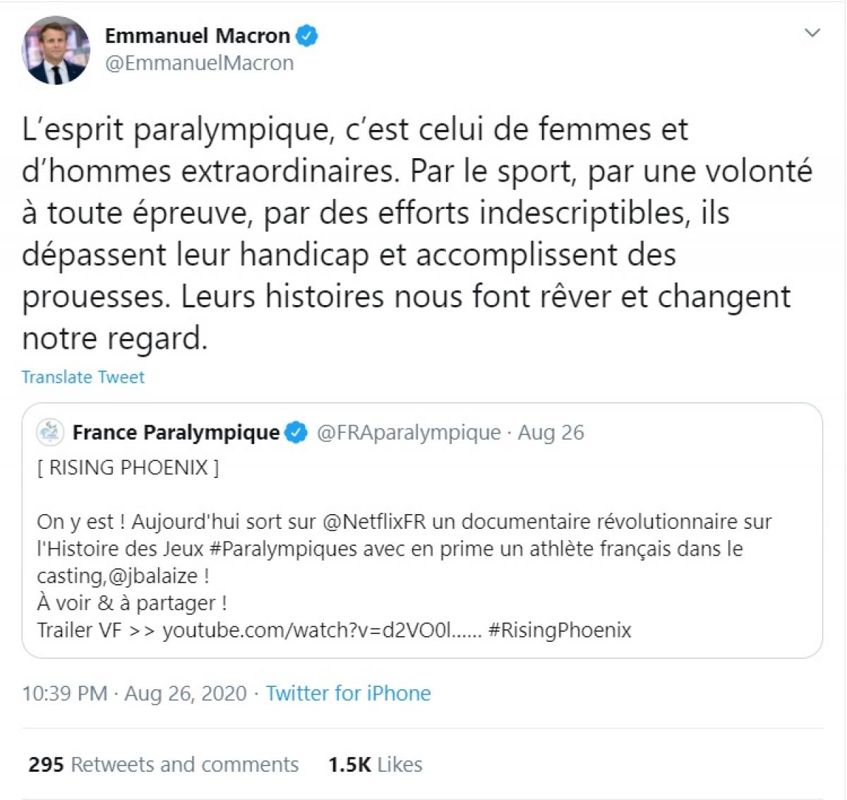 Emmanuel's Macron tweet about Rising Phoenix