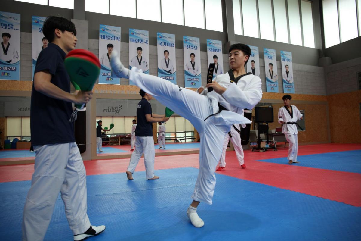 Korean taekwondo athlete kicks during training