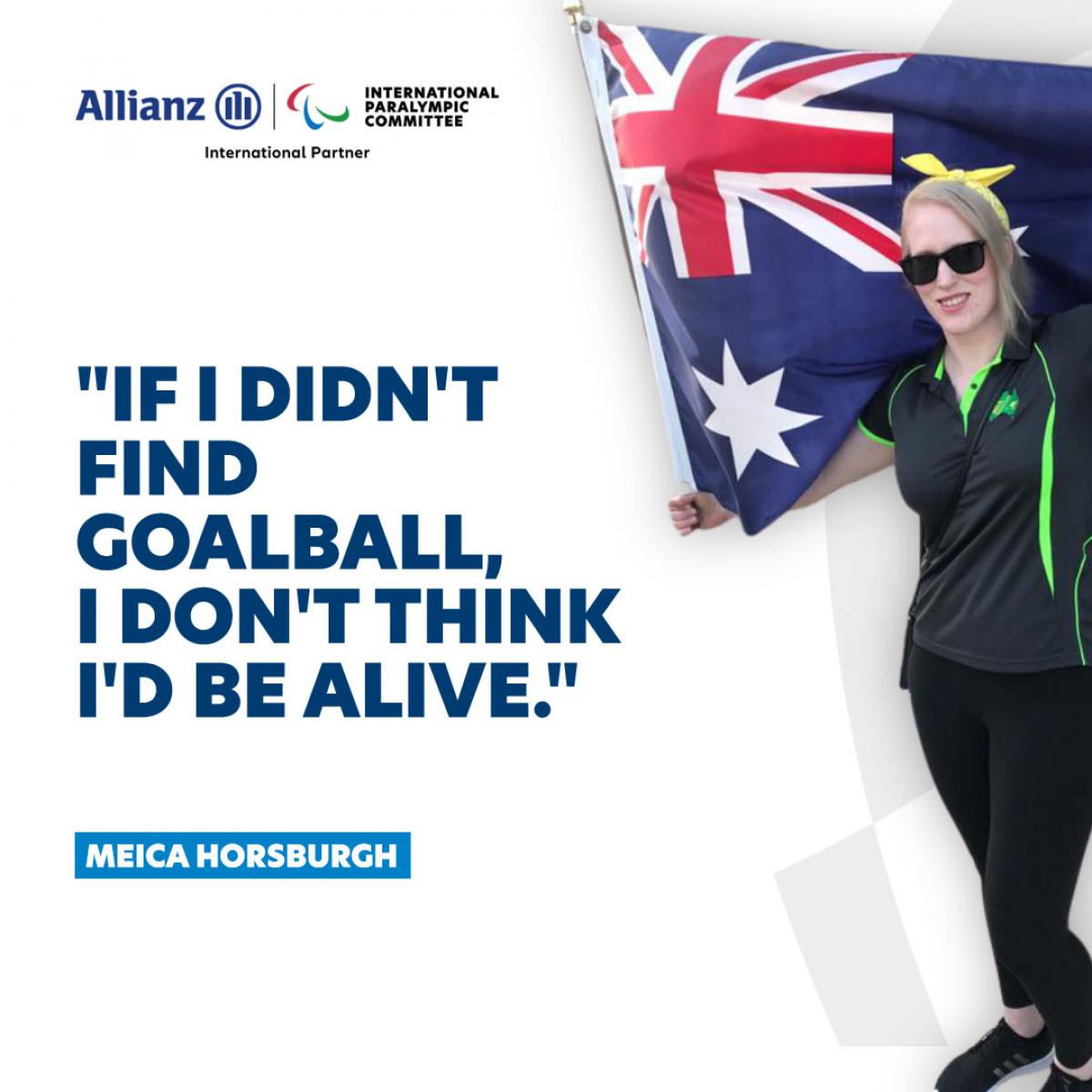 Vision impaired woman holding Australian flag with branded text on the side 